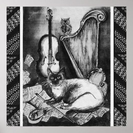 MUSIKKATZE, OWL, VIOLIN, HARP Schwarz-weiße Graumu Poster (Vorne)
