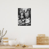 MUSIKKATZE, OWL, VIOLIN, HARP Schwarz-weiße Graumu Poster (Küche)