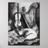 MUSIKKATZE, OWL, VIOLIN, HARP Schwarz-weiße Graumu Poster (Vorne)