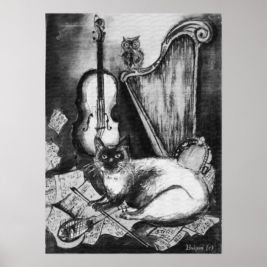 MUSIKKATZE, OWL, VIOLIN, HARP Schwarz-weiße Graumu Poster (Vorne)