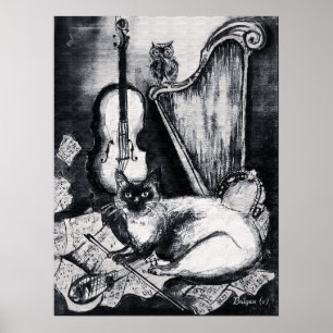 MUSIKKATZE, OWL, VIOLIN, HARP Schwarz-weiße Graumu Poster