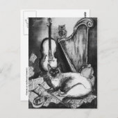 MUSIKKATZE, OWL, VIOLIN, HARP Schwarz-weiße Graumu Postkarte (Vorne/Hinten)