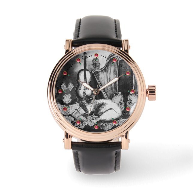 MUSIKKATZE, OWL, VIOLIN, HARP Schwarz-weiße Red Mu Armbanduhr (Vorderseite)