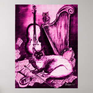 MUSIKKATZE,PInk Violet und Weiß Poster