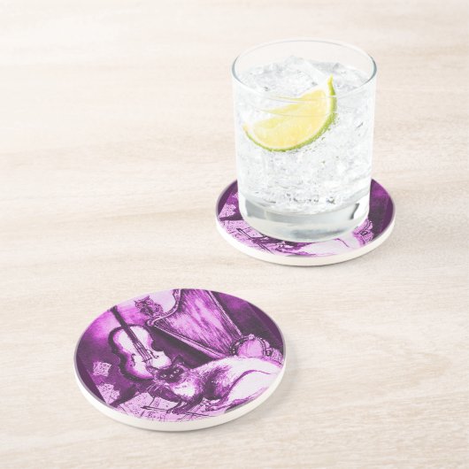 MUSIKKATZE, rosa Fuchsienweiß Sandstein Untersetzer (Seite)