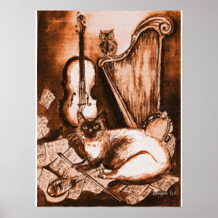 MUSIKKATZE UND EIGENSCHAFT, braun und weiß Poster