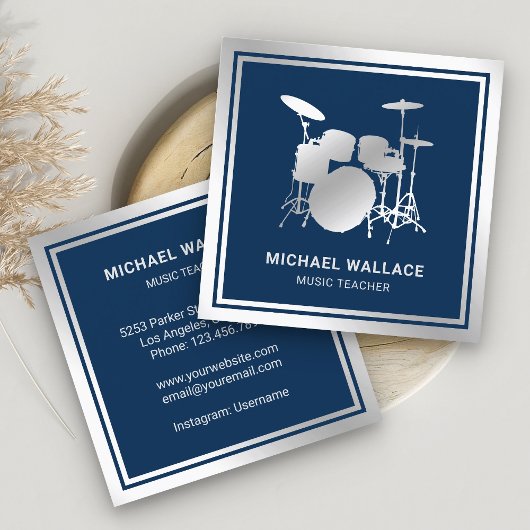 Musiklehrer Blue Silver Foil Drum Kit Drummer Quadratische Visitenkarte
