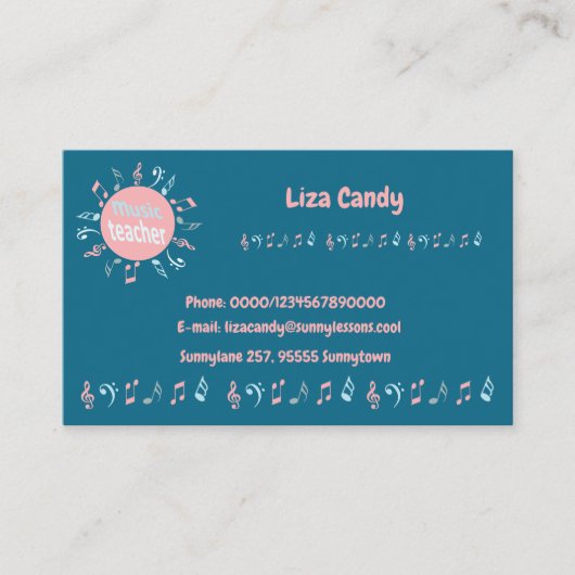Musiklehrer elegante Noten blauer Hintergrund Visitenkarte (Vorderseite)