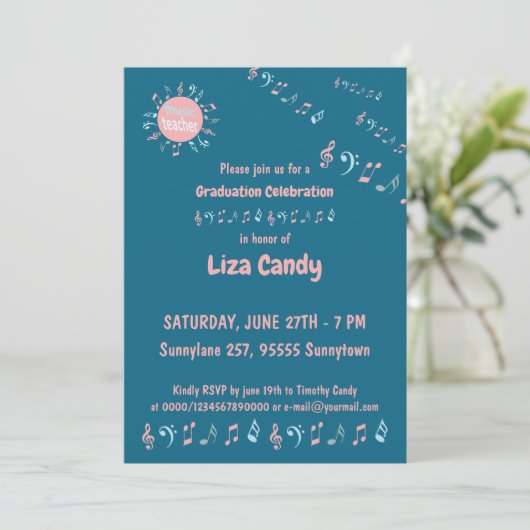 Musiklehrer Graduiertenstudium Party notiert blaue Einladung (Stehend Vorderseite)