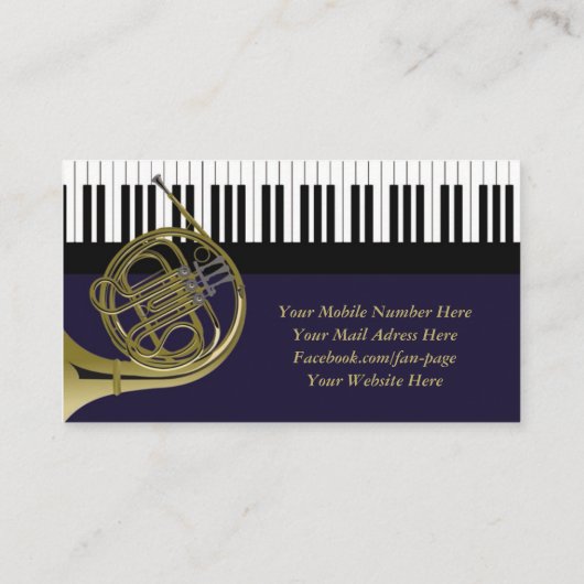Musiklehrer Piano Schlüssel Französisches Horn Ber Visitenkarte (Rückseite)