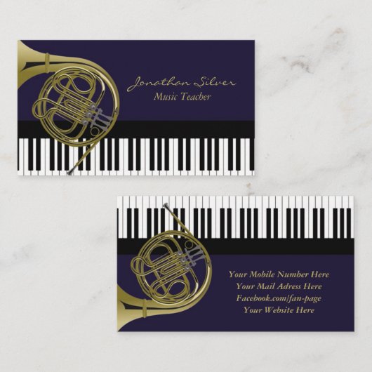 Musiklehrer Piano Schlüssel Französisches Horn Ber Visitenkarte (Vorne/Hinten)