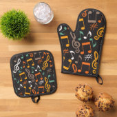 Musikmuster Ofenhandschuh & Topflappen-Set (Oben Unten)