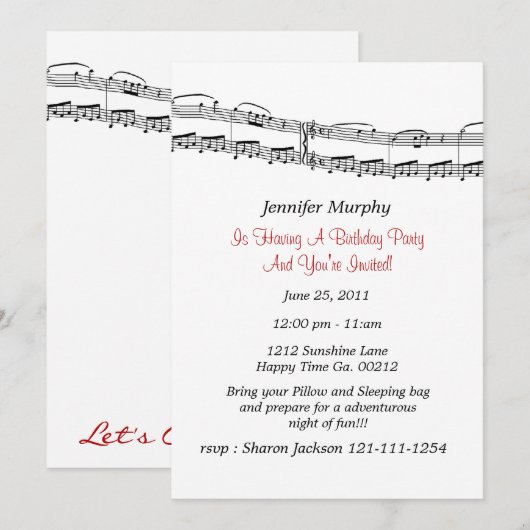 Musiknote Party Einladungen (Vorne/Hinten)