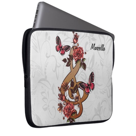 Musiknote Rose und Schmetterlinge Laptopschutzhülle (Vorne Rechts)