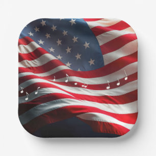 Musiknoten auf einer amerikanischen Flagge schwimm Pappteller