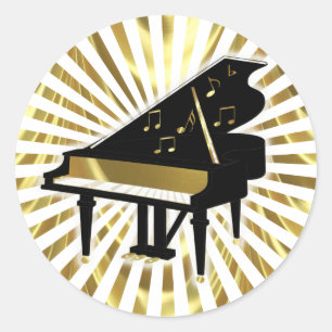 Musiknoten aus Gold und Black Grand Piano Runder Aufkleber