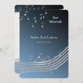 Musiknoten Bar Mitzvah Silver und Blau Einladung (Vorne/Hinten)