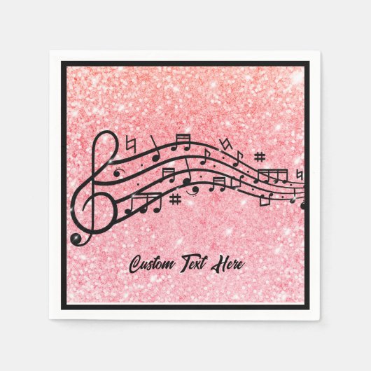 Musiknoten Black Pink Glitzer Sparkle Personalisie Serviette (Vorderseite)