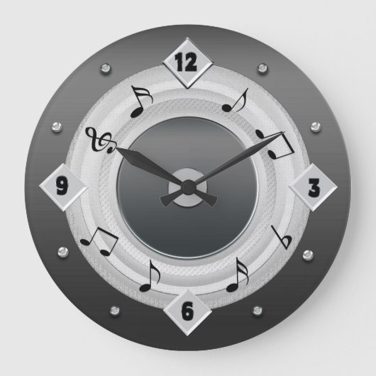 MUSIKNOTEN RUNDEN CLOCK - Silver Tones Große Wanduhr (Vorderseite)