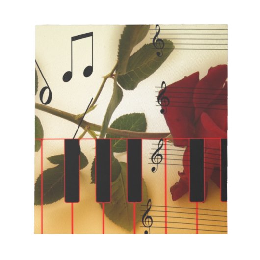 Musiknoten Tastatur Rote Rose Blossom Destiny Notizblock (Vorderseite)
