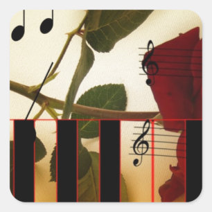Musiknoten Tastatur Rote Rose Blossom Destiny Quadratischer Aufkleber