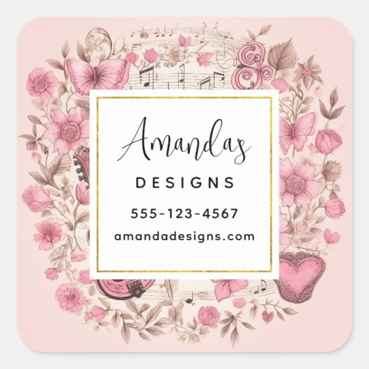 Musiknoten und Blume Retro-Business Quadratischer Aufkleber (Vorderseite)