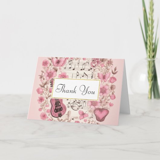 Musiknoten und Blume Retro-Stil Dankeskarte (Vorderseite)