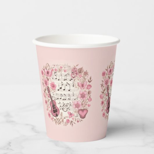 Musiknoten und Blume Retro-Stil Pappbecher (Vorderseite)