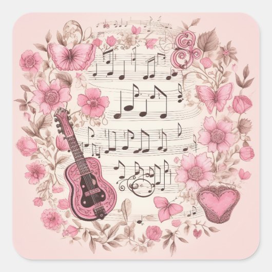 Musiknoten und Blume Retro-Stil Quadratischer Aufkleber (Vorderseite)