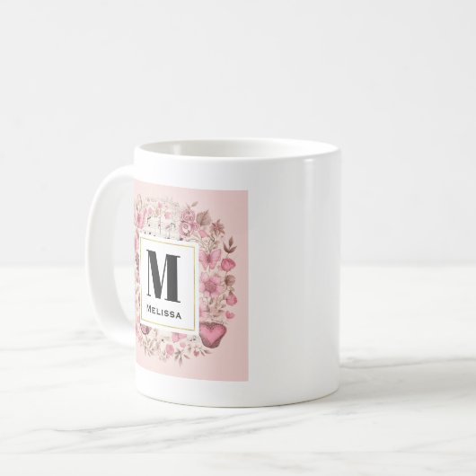 Musiknoten und Blume Retro Style Monogramm Kaffeetasse (Vorderseite Links)