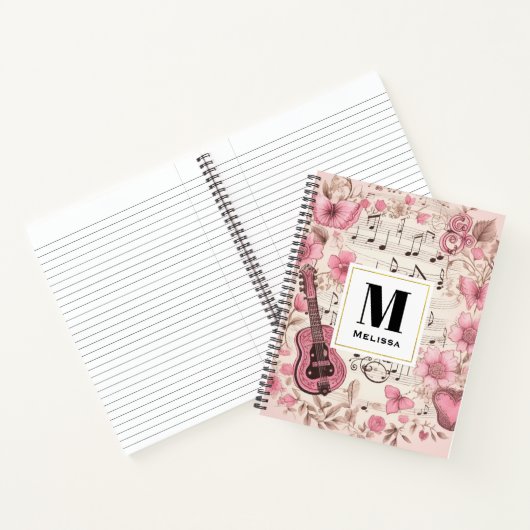 Musiknoten und Blume Retro Style Monogramm Notizblock (Innenseite)