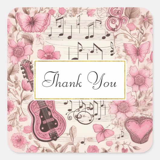 Musiknoten und Blume Retro Style Vielen Dank Quadratischer Aufkleber (Vorderseite)