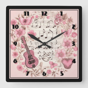 Musiknoten und Blumen im Retro-Stil Quadratische Wanduhr