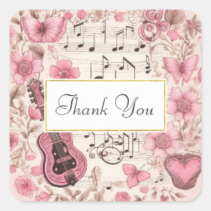 Musiknoten und Blumen Retro-Stil Danke Quadratischer Aufkleber