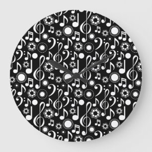 Musiknoten und Clefs - Schwarz weiß Große Wanduhr