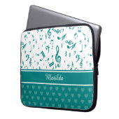 Musiknoten und Herzmuster Aquamarin und weiß Laptopschutzhülle (Vorderseite Links)