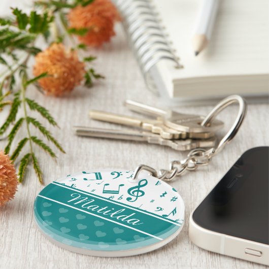 Musiknoten und Herzmuster Aquamarin und weiß Schlüsselanhänger (Vorderseite rechts)