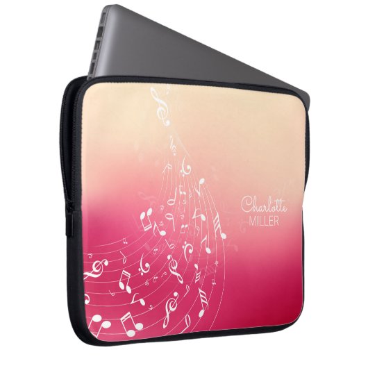 Musiknoten und Individuelle Name rot und pfirsichf Laptopschutzhülle (Vorne Rechts)