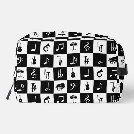 Musiknoten und Instrumente auf Quadraten Waschbeutel (Rückseite)