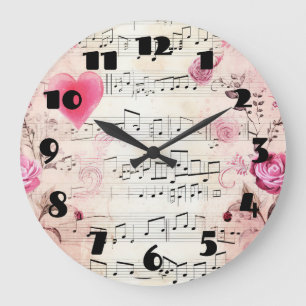 Musiknoten und Rosen Vintage-Design Große Wanduhr