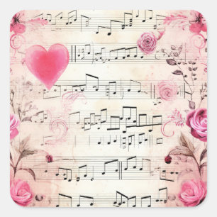 Musiknoten und Rosen Vintage-Design Quadratischer Aufkleber