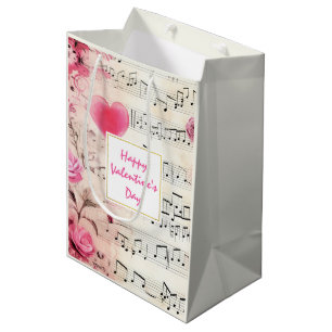 Musiknoten und Rosen Vintage-Design Valentinstag Mittlere Geschenktüte