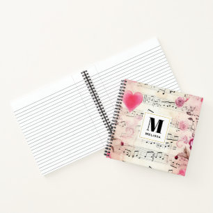 Musiknoten und Rosen Vintage Monogramm Notizblock