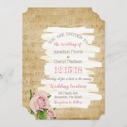 Musiknoten und Rosenblumen Einladung (Vorne/Hinten)
