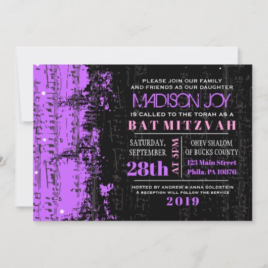Musiknotens Stars Bar Mitzvah Einladung Violet (Vorderseite)