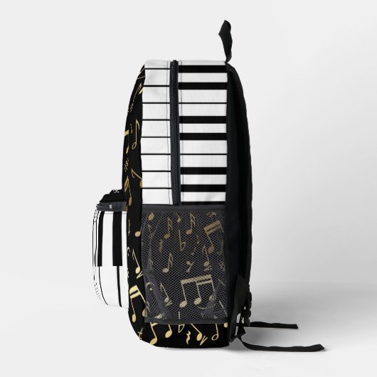 Musiknotizen und Klaviertasten Schwarz und Gold Bedruckter Rucksack (Rechts)