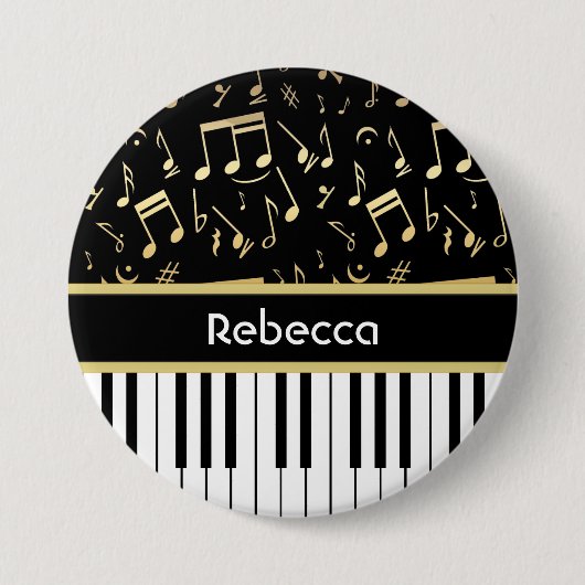 Musiknotizen und Klaviertasten Schwarz und Gold Button (Vorderseite)