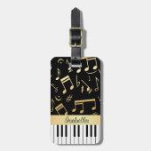 Musiknotizen und Klaviertasten Schwarz und Gold Gepäckanhänger (Vorderseite vertikal)