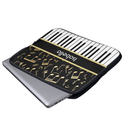 Musiknotizen und Klaviertasten Schwarz und Gold Laptopschutzhülle (Vorne Knopf)