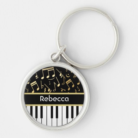 Musiknotizen und Klaviertasten Schwarz und Gold Schlüsselanhänger (Vorne)